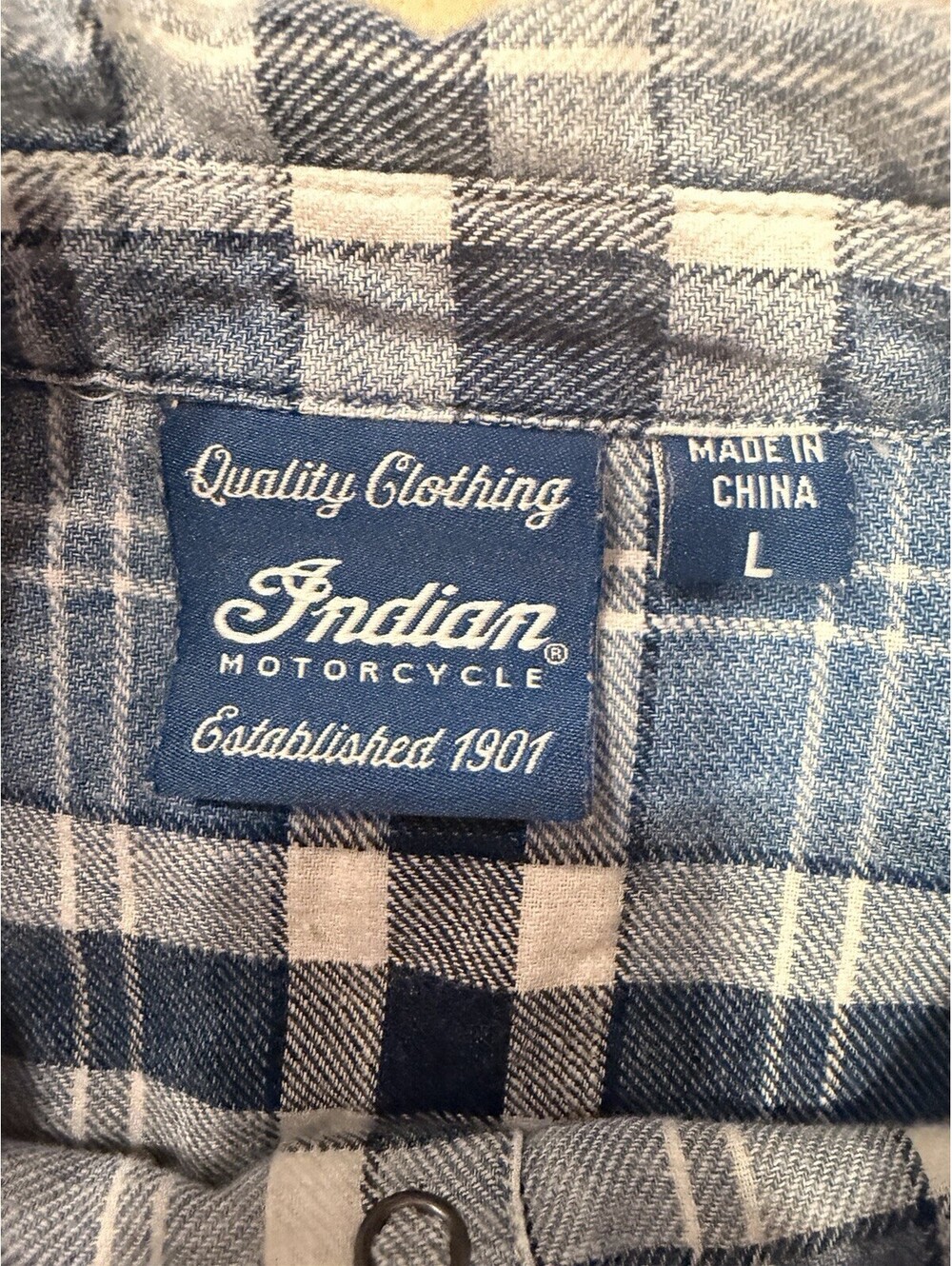 Indian Motorcycle Flannel Shirt Mens Large Pearl Snap Lightweight Blue Plaid - Picture 9 of 11